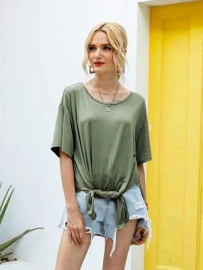 Slit Boat Neck Half Sleeve T-Shirt Army Green Women's T-Shirts - Tophatter Daily Deals